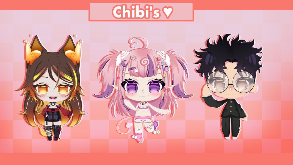 There are three different chibi's on a pink and orange background, one is Sinder a Vtuber with colors of brown, red and orange! Next is Iron Mouse another Vtuber, Colors of Pinks and Purples! and then Okarun from Dandadan! Large circle glasses and a black school uniform