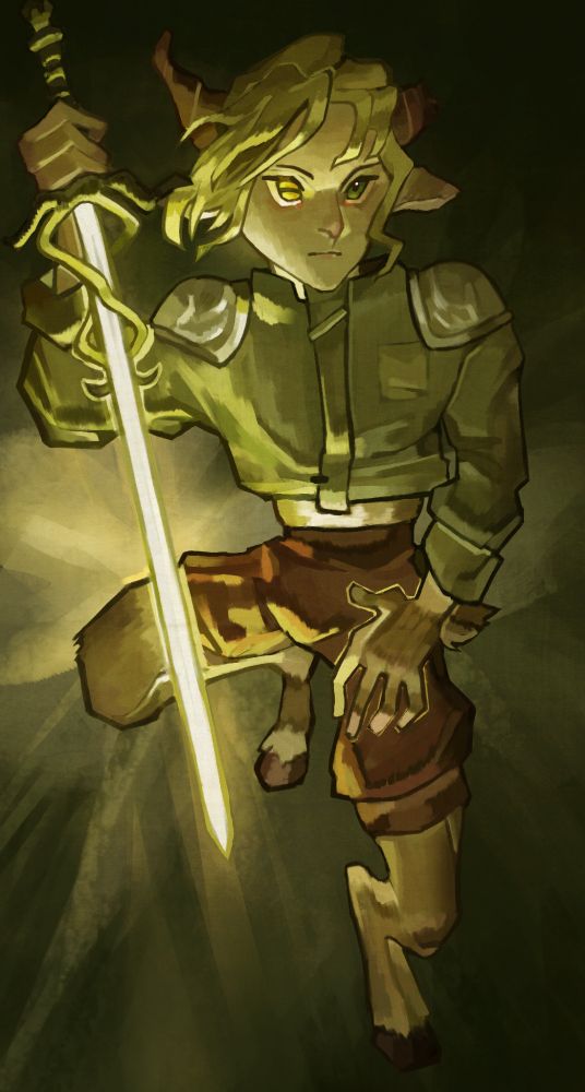 Illustration of an anthropomorphic goat holding a glowing sword in his right hand.