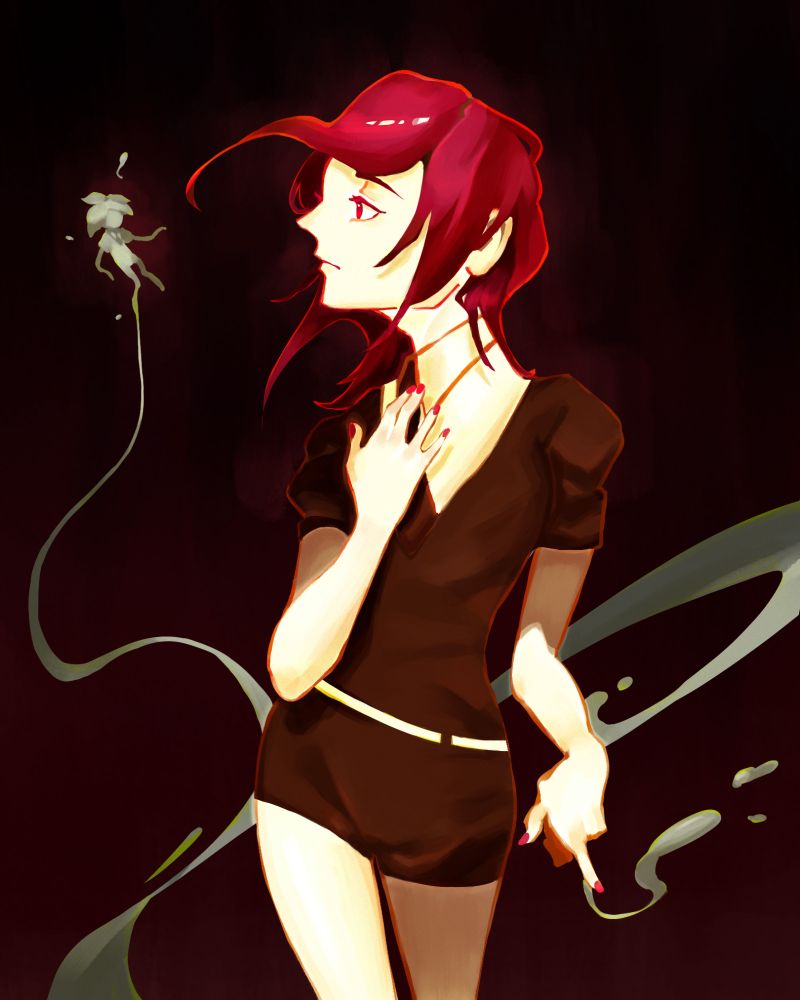 Illustration of Cinnbar from Houseki no Kuni/Land of the Lustrous. They are facing sideways towards a mini pre-winter Phosphophyllite made of mercury. Another strand of mercury is coming from Cinnabar's left hand.