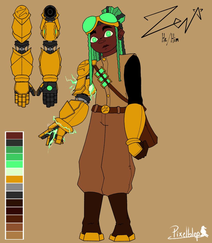 Zen reference sheet, including his pronouns (He/Him), a color palette consisting of browns and greens, and a front and back view of his robot arm
