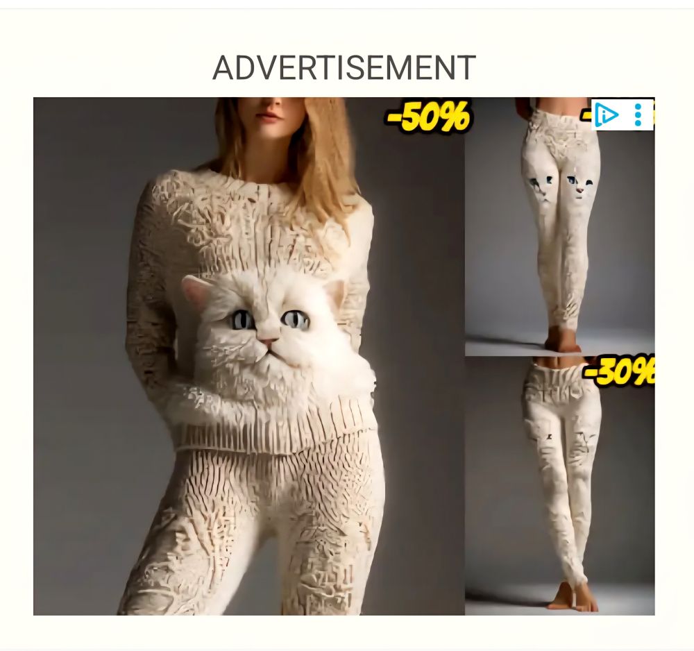 AI generated ad showing a woman modeling knitwear. The top has an actual cat face complete with eyes and ears blown up and attached (surgically?) to the fabric.