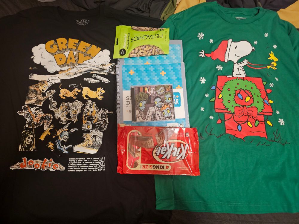 Green Day shirt, Snoopy shirt, 2 sketchbooks, a CD of Korn's Issues album, KitKats, and no shell pistachios 