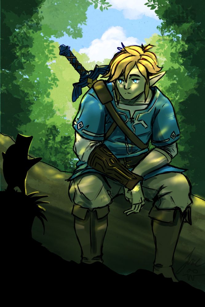 Link, in his Breath of the Wild gear sits on a log in the forest, with dappled light and shadow across him, staring blankly at a korok who has just appeared silhouetted in the foreground. 