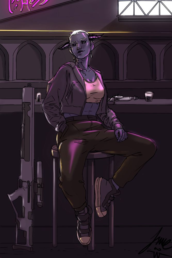 A woman in athletic clothing smiles cockily while sitting in a stool leaning back on a bar. Several glasses and a retro looking laser pistol are visible on the bar top. A futuristic looking rifle leans against the bar next to the woman. She has a shaved head of white hair, blue skin, and horns protruding from both sides of her skull. 