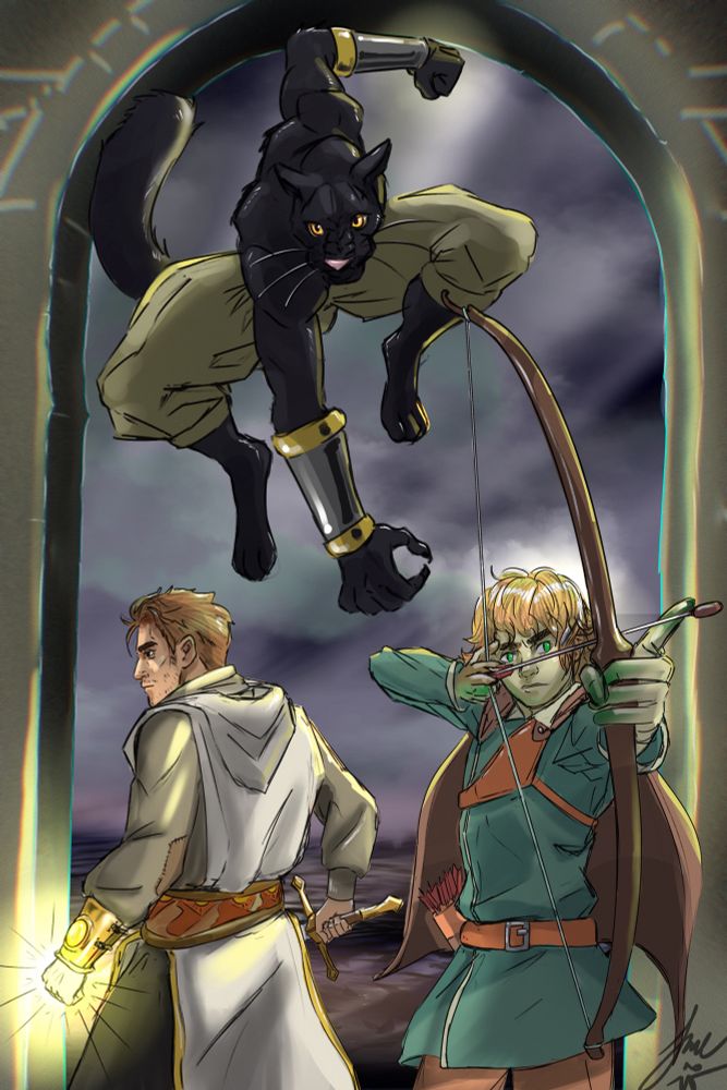 A catfolk pugilist leaps over his party members, a human cleric and a young hagspawn ranger. The catfolk has black fur and wears only reflective bracers and breeches. The cleric is wearing his vestments, and faces left, ready to do battle with one hand glowing radiant and the other gripping a sword. The ranger aims past the viewer, equipped with blunted arrows, piece meal armor and a quiver of red feathered arrows