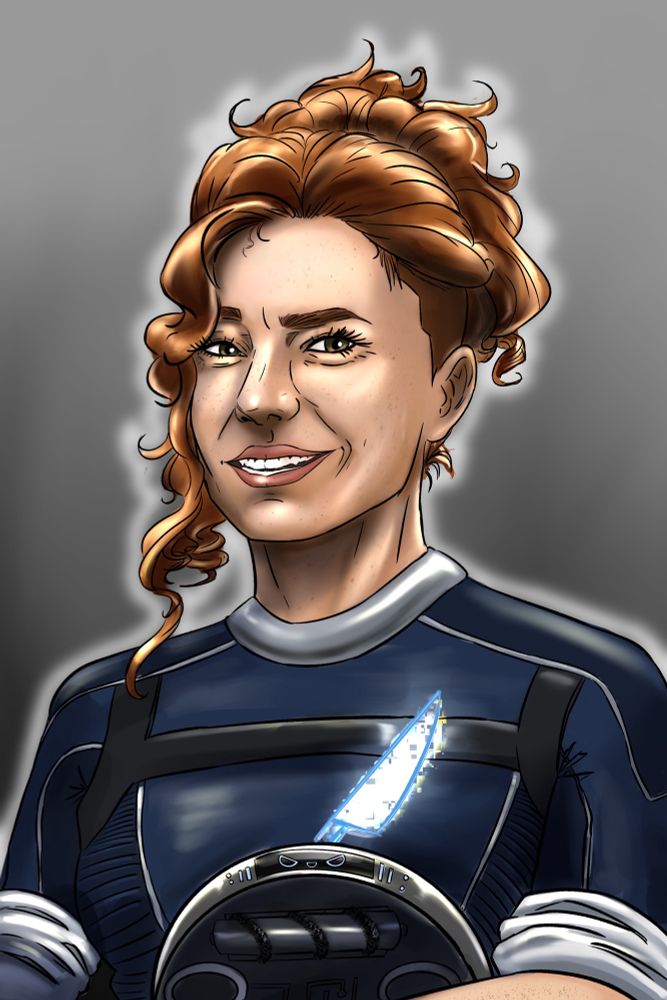 A portrait of Kara Pendergrass, an OC from Swaps55’s fic Opus. She is a pale freckled woman with a mess of red hair up in a pony with one side shaved. She grins mischievously while holding a sci-fi roomba with a projected knife. An evil grin is depicted on the roomba’s screen
