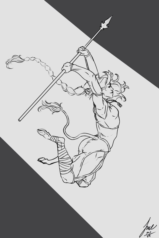 A sketch of Frisk, a tiefling monk with a long braid, leaping while wielding a spear in both hands. She has a look of determined confidence on her face 
