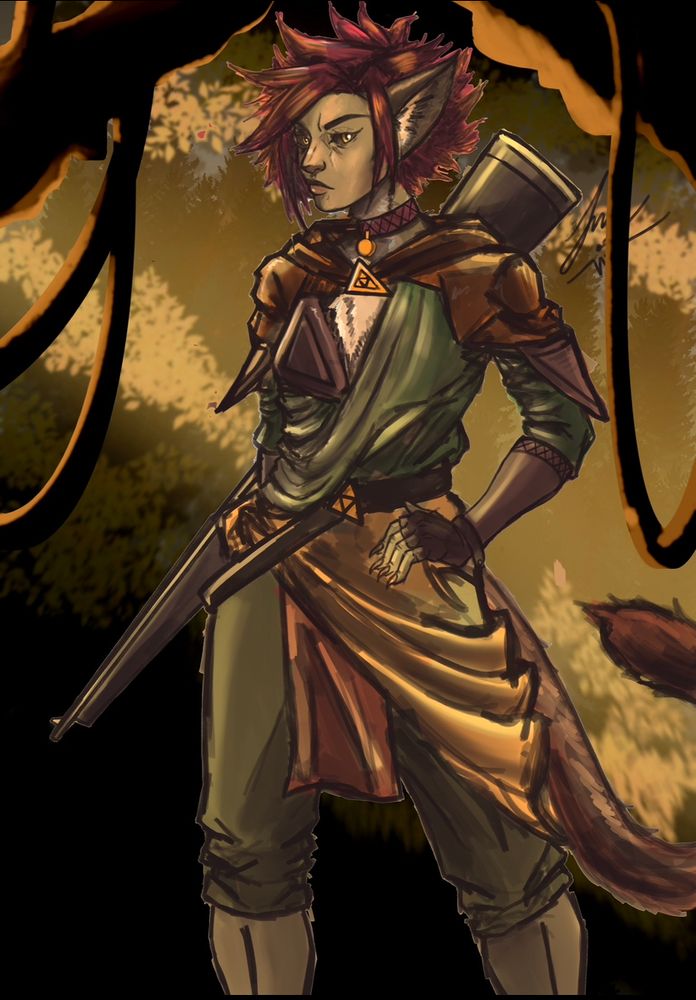 Ceres Fortemar, a catgirl gunslinging ranger in piecemeal armor