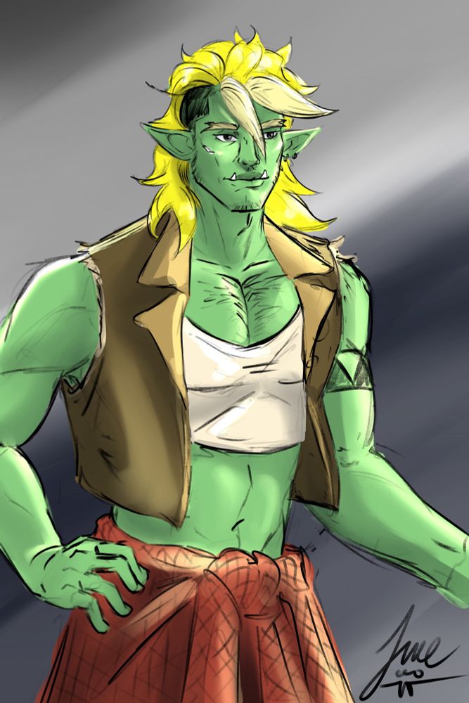 York from Drawfee’s Drawtectives, in his season 3 outfit. York is a green skinned half-orc with blond hair in a punk hair cut with the sides shaved and a long mane over the top and back. He’s wearing a white crop top, a brown cropped vest, a red flannel around his waist and dark jeans, he has a hand in his hip. His pecs are big, lightly hairy and poking up out of the low cut crop. He’s smiling faintly and looks vaguely pensive but there’s no thoughts goin in up there. 
