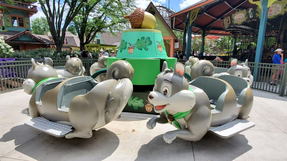 Scout's Squirrel Race small flat ride in the newly themed Discovery Meadow area of Kentucky Kingdom amusement park.