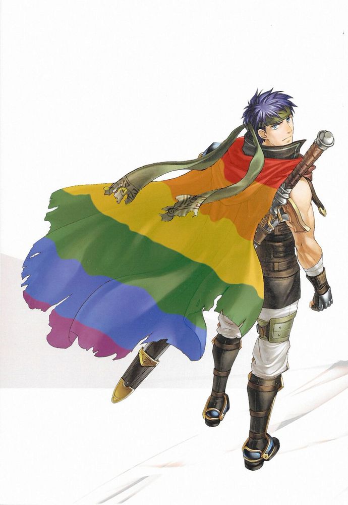 Screenshot of Ike from Fire Emblem 9/10 in his Radiant Dawn design. His cape has a rainbow on it.