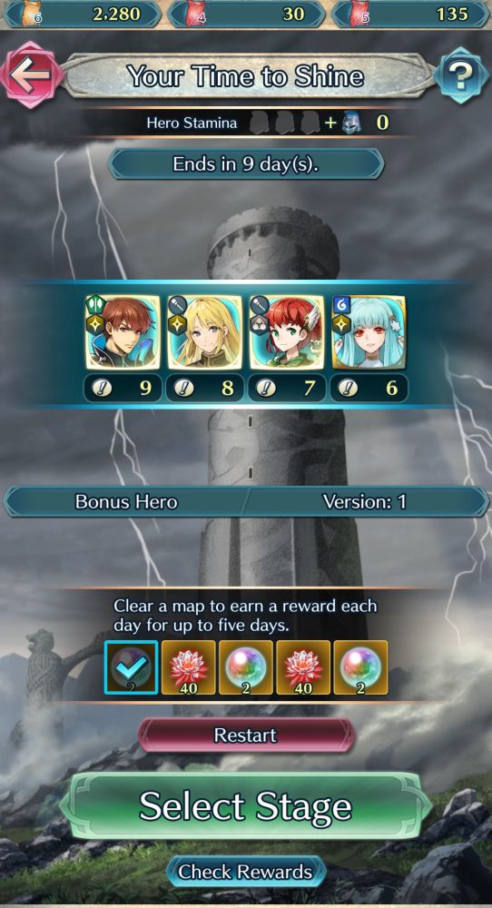 Screenshot of Fire Emblem Heroes, featuring Raven, Lucius, Priscilla, and Ninian from Fire Emblem 7.