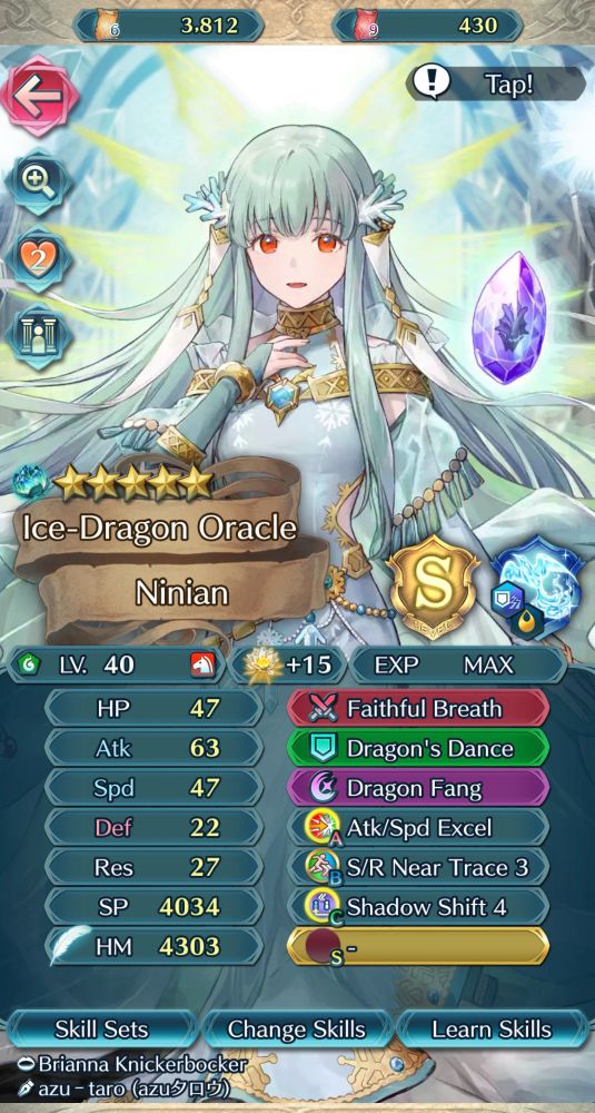 Screenshot of Ninian from Fire Emblem 7, in her legendary form from Fire Emblem Heroes.