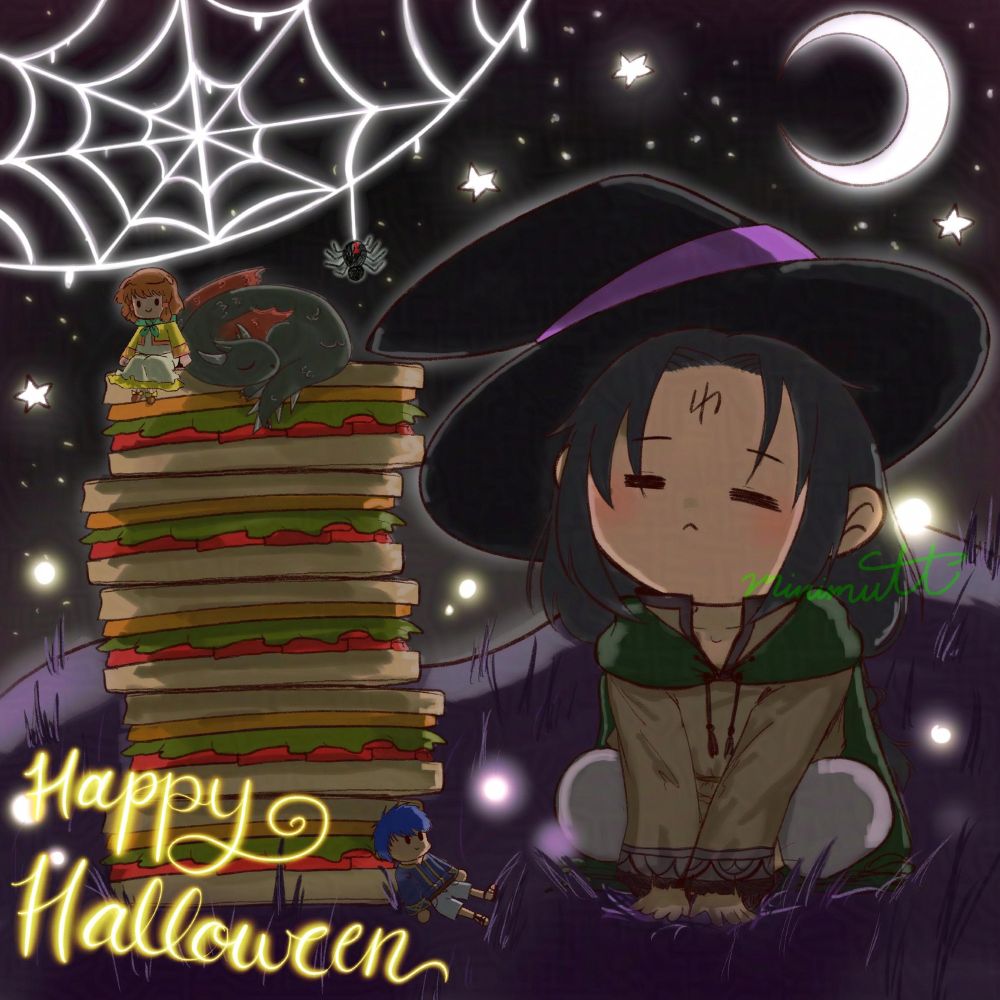 Fanart of Soren from Fire Emblem 9/10. He's in his child form from Fire Emblem Heroes. He has a witch hat on and is sitting in a purple grass field. Next to him is a large stack of sandwiches, with a doll of Mist and Kurthnaga on top of it. On the side of the sandwiches is a doll of Ike. The background has a large white crescent moon, and there's a large glowing spider web with a spider on it hanging from the corner. In the bottom left corner says "Happy Halloween"