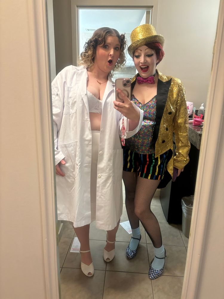 Me and a friend, I’m dressed up as Janet in thrifted everything, she’s dressed up as Columbia in a handmade costume 