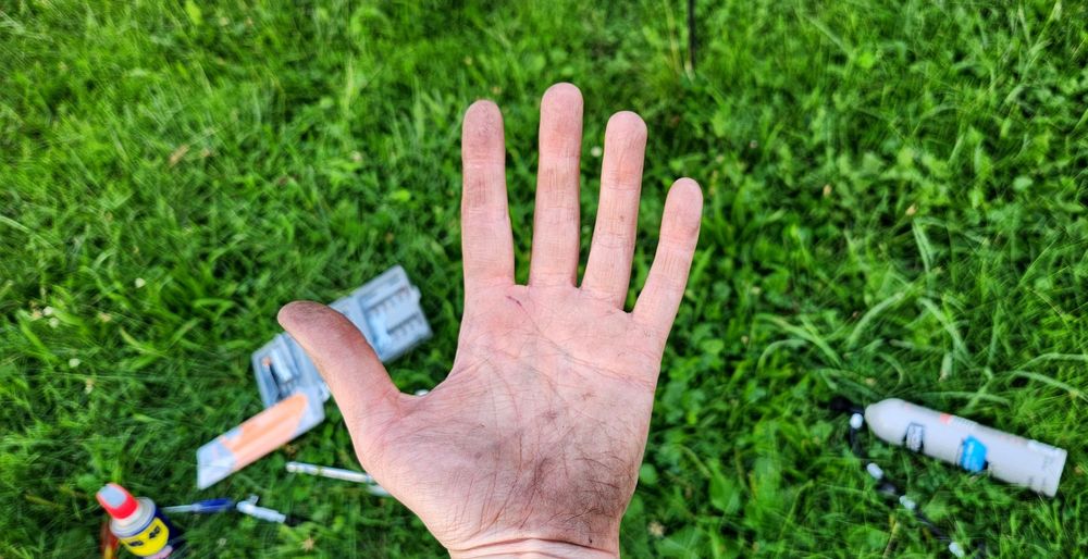 A picture of my left hand, covered with patches of black grime from futzing around inside the engine compartment.  In the background, a bunch of tools, lay on the grass, out of focus.