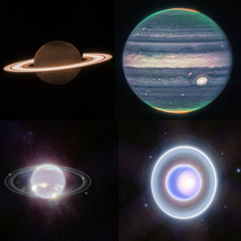 The James Webb Space Telescope has captured stunning images of the gas giants in our solar system. The images show Saturn with its intricate rings, Jupiter with its swirling storms and bands, Uranus with its tilted rings and hazy atmosphere, and Neptune with its faint rings and dynamic weather patterns. These images reveal the beauty and complexity of these distant worlds and offer new insights into their formation and evolution.