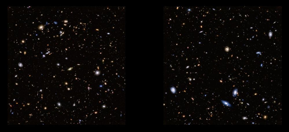 An image of two adjacent fields of galaxies, shown side-by-side separated by a black gap. Both images contain thousands of galaxies in various sizes, shapes, and colours.