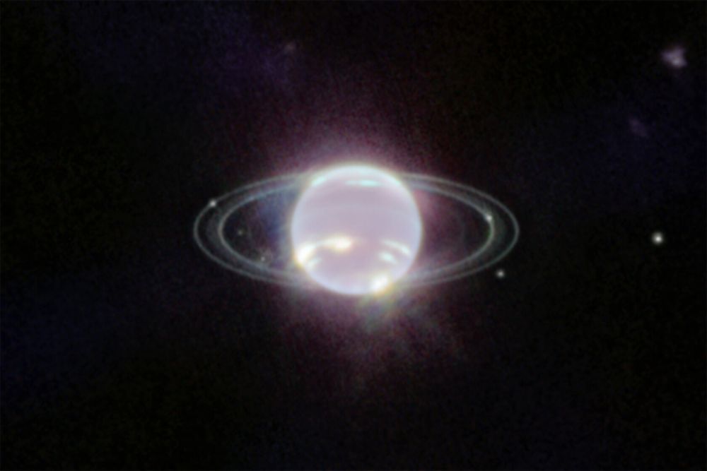 Webb’s Near-Infrared Camera (NIRCam) image of Neptune, taken on 12 July 2022, brings the planet’s rings into full focus for the first time in more than three decades. The most prominent features of Neptune’s atmosphere in this image are a series of bright patches in the planet’s southern hemisphere that represent high-altitude methane-ice clouds. More subtly, a thin line of brightness circling the planet’s equator could be a visual signature of global atmospheric circulation that powers Neptune’s winds and storms. Additionally, for the first time, Webb has teased out a continuous band of high-latitude clouds surrounding a previously-known vortex at Neptune’s southern pole.