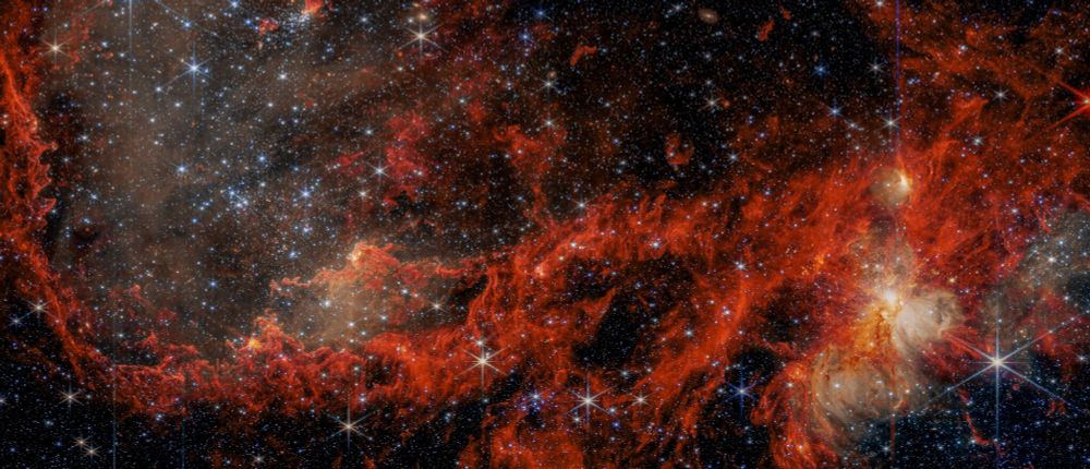 The James Webb Space Telescope's NIRCam reveals the intricate details of LHA-120 N79, a star-forming region.  Intense red hues showcase clouds of hot gas, while scattered blue and white stars shine brightly against the dark background.