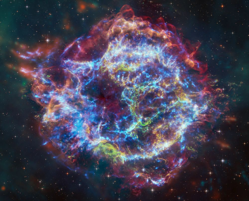 This image of the famous supernova remnant Cassiopeia A combines X-ray, optical, and infrared observations. The new infrared data from JWST revealed fascinating structures. [X-ray: NASA/CXC/SAO; Optical: NASA/ESA/STScl; IR: NASA/ESA/CSA/STScl/Milisavljevic et al., NASA/JPL/CalTech; Image Processing: NASA/CXC/SAO/J. Schmidt and K. Arcand]