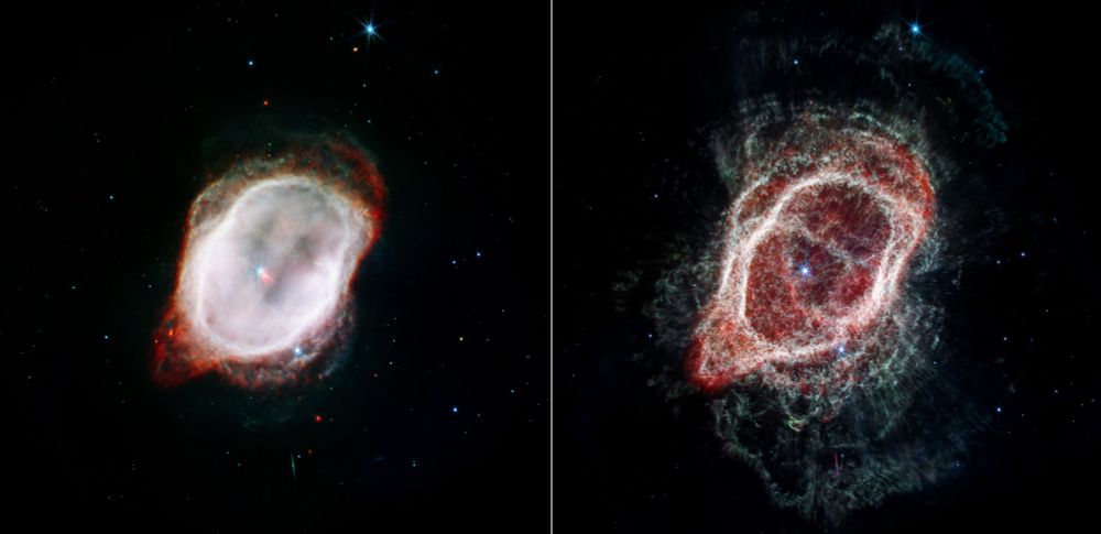 Two views of the Southern Ring Nebula are shown side by side, which appear as a misshapen oval that is slightly angled from the top left to the bottom right. The left image shows two stars that are almost overlapping at the center. A large almost solid white oval surrounds the central stars. The right image shows one star at the center. A large translucent pink-and-red irregular oval surrounds the central stars.