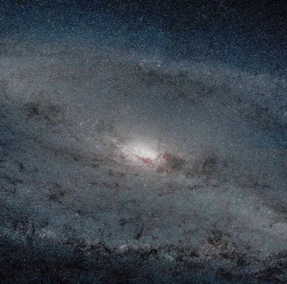 This image shows the central region of NGC 253, a spiral galaxy located about 11.4 million light-years away in the constellation Sculptor. The galaxy is seen edge-on, revealing its bright central bulge and thin disk of stars and gas. The image was captured by the Near-Infrared Camera (NIRCam) instrument on the James Webb Space Telescope.