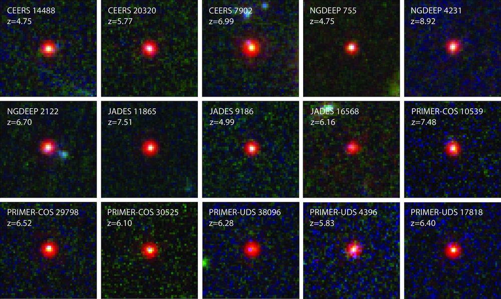 Color image cutouts of a subset of our LRDs. The RGB images are composed of images in the F115W, F200W, and F444W filters. All images are 1⁢.′′⁢5×1⁢.′′⁢5 in size