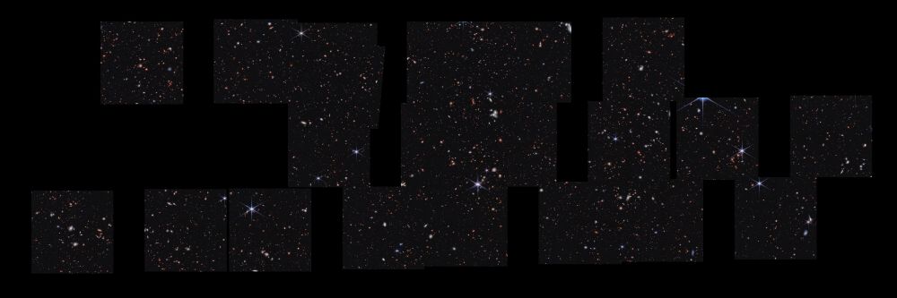 Thousands of galaxies appear in this view, which is set against the black background of space. There are many overlapping objects at various distances. They include large, blue foreground stars, some with eight diffraction spikes, and white and pink spiral and elliptical galaxies. Numerous tiny red dots appear throughout the scene.