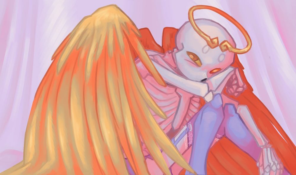 Swad in lingerie, sitting staring at the audience 