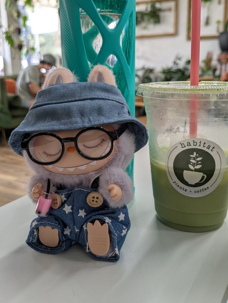 Zizi labubu next to habitat plant + coffee cup less than half full