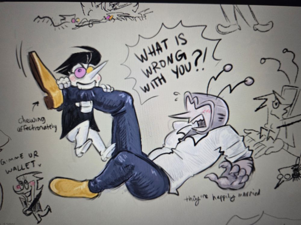 Tenna: "WHAT IS WRONG WITH YOU?!"
Arrow pointing at Spamton: "chewing affectionately"
Caption below them: "They're happily married"