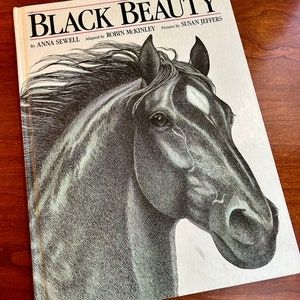 Book cover of "Black Beauty" by Anna Sewell, Illustrated Story Book edition adapted by Robin McKinley. Cover art depicts a headshot of the black Thoroughbred with white star and a windswept mane.