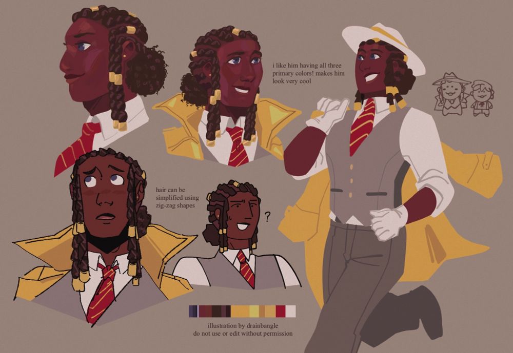 Several illustrated sketches of Partitio from Octopath Traveler 2. He is depicted as a young Black man with flat twists and a ponytail. The miscellaneous text reads:

I like him having all three primary colors! It makes him look very cool.

Hair can be simplified using zig-zag shapes.