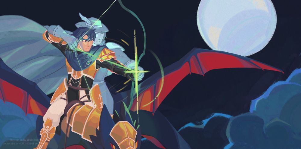 A digital painting of Freddric and Viridian from Fire Emblem: The Morrow’s Golden Country. Freddric wields the Soulbow atop his wyvern Beryl with a focused expression, as Viridian’s spirit helps him aim the shot, with their hands on Freddric’s. The light from the Soulbow illuminates Freddric’s armor and facial expression with green light, along with a clover pin on his scarf.
