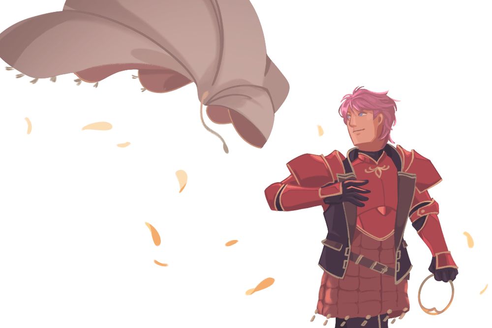 A digital illustration of Zeke from The Morrow's Golden Country. He is looking behind him with a smile, his crown in hand, as he lets go of his cape representing his status as a prince.