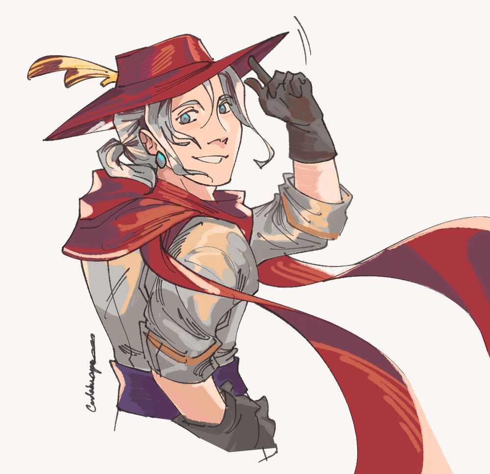 A digital drawing of Elliot from The Millennium Tales. He is a young adult man with light skin, white adventuring clothing, and a red scarf and hat. He is tipping his hat with a friendly grin at the viewer.