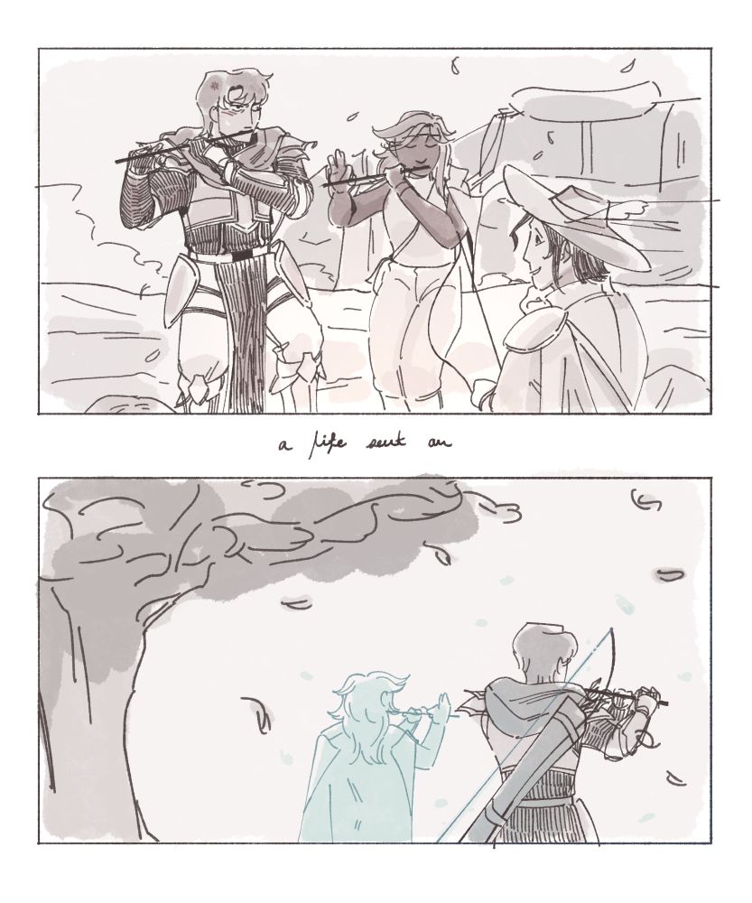 A two panel comic focusing on Freddric and Chartreuse. The panel shows Freddric trying to play the flute along with Chartreuse, but is visibly struggling and embarrassed as he's playing. Viridian watches the two with a lighthearted expression as they fiddle with their bow.

The second panel shows Freddric, now physically alone. He plays his flute underneath a tree, his back to the viewer. Viridian's Soulbow is strapped to a quiver on Freddric's back, as Chartreuse's spirit plays alongside him.