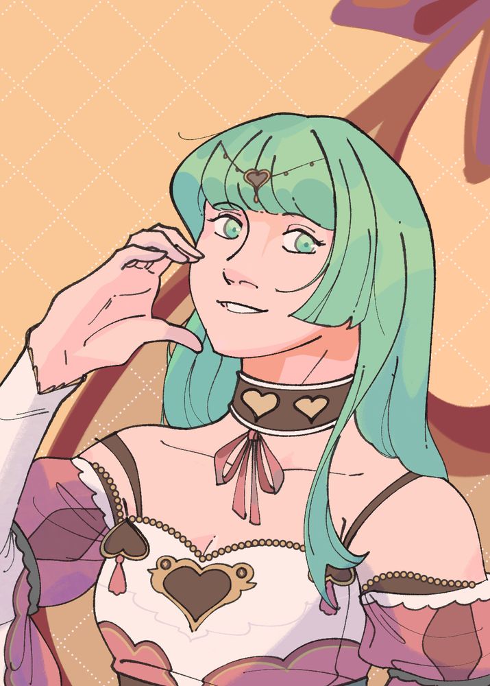 A photocard-like illustration of Mailyth, a Fire Emblem: Three Houses original character. She has pale green hair and is wearing an ornate heart-themed outfit. Mailyth is making heart hands at the viewer with a soft smile.
