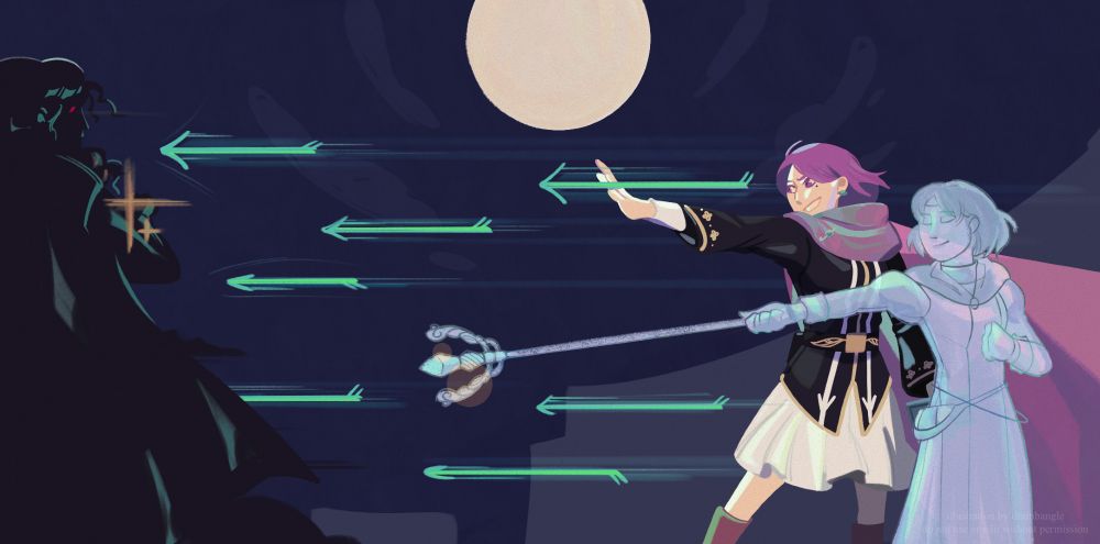 A digital painting of Rose and Eliza from Fire Emblem: The Morrow’s Golden Country. Rose fires off a Sagittae spell at Ethyl’s simulacrum as Eliza wields her staff to heal. Rose wears a confident smile as Eliza wears a serene expression. Rose’s clothing is illuminated with viridian green, as are her clover pin and earrings.
