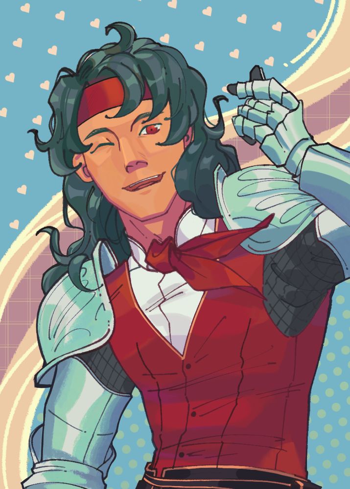 A photo card illustration of River, an original character. River is an adult man with brown skin and long, wavy green hair, dressed in formal-ish wear and armor, and he's winking at the viewer while making a finger heart with his hand.