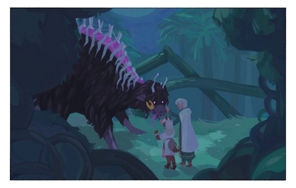 A digital painting of Temenos, Ochette, and chimera Roi in Toto'haha. It is nighttime and parts of the forest are destroyed. Roi approaches the two of them. Ochette's hand hovers hesitantly to touch Roi. By contrast, Temenos has a hand reached out and touching his brother's face, but his other hand is gripped around his Staff of Judgement—as if ready to cast magic if necessary. The tones of the painting are dark and somber. In both paintings, neither Temenos nor Roi's faces are fully visible.