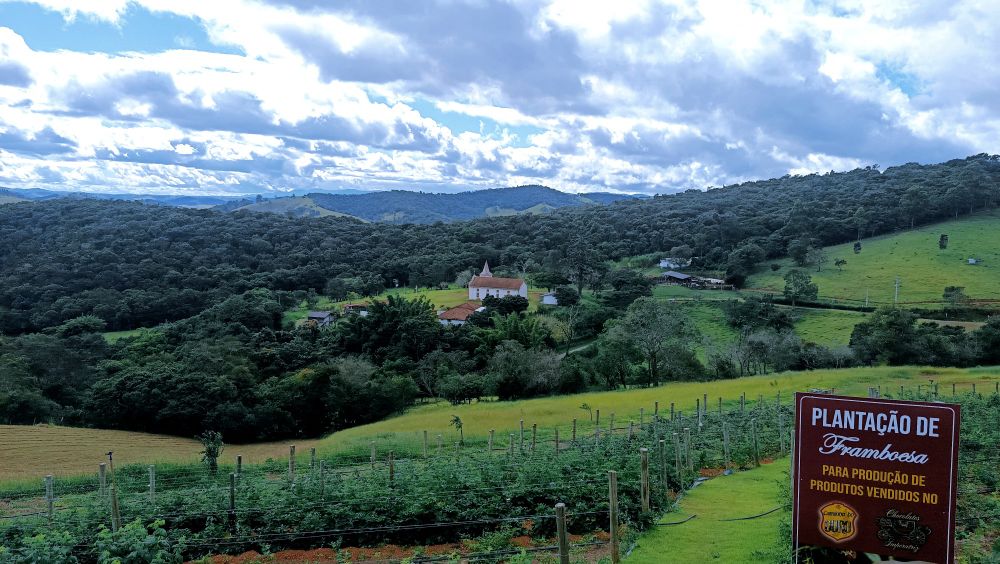Serra de Cunha, São Paulo, com plantação de framboesas e Igreja ao fundo. Céu azul com muitas nuvens.