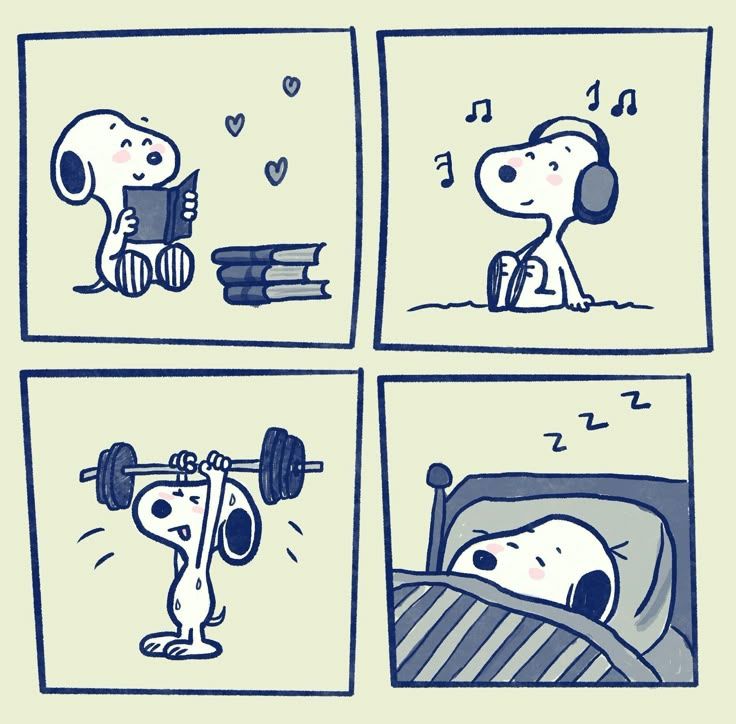 tirinha de quatro quadros do Snoopy lendo, ouvindo música, malhando e dormindo.
