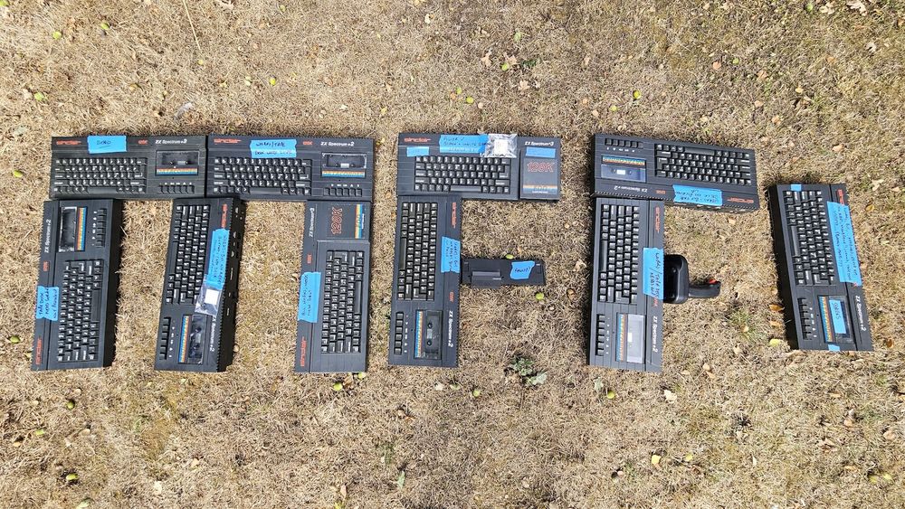 10 ZX Spectrum +2 and +3's laid out on my dry lawn in the shape of the letters MFFI (which is my channel initials!)