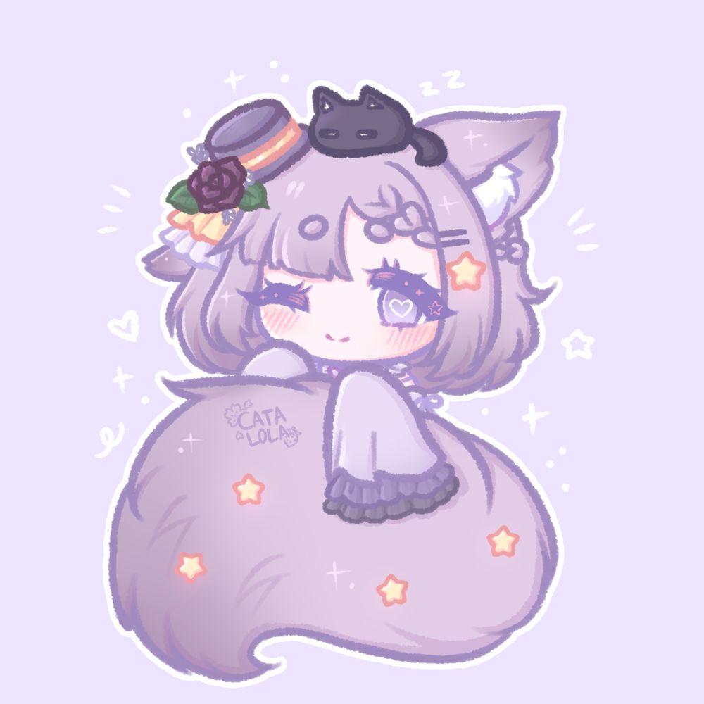 A sweet tiny lil pastel purple chibi with a big fluffy tail wrapped around her. She has an omori cat on her head and a frilly ruffle hat with roses and flowers on it. The design is also adorned with stars.