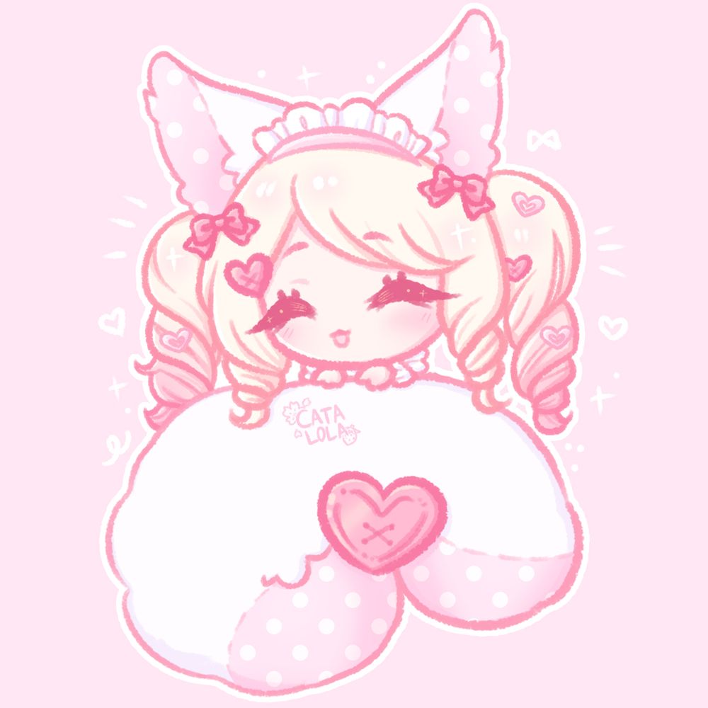 A sweet tiny lil pastel pink chibi with a big plush squirrel tail wrapped around her. She has a ruffle headband on and lots of bows. The design is also adorned with hearts.