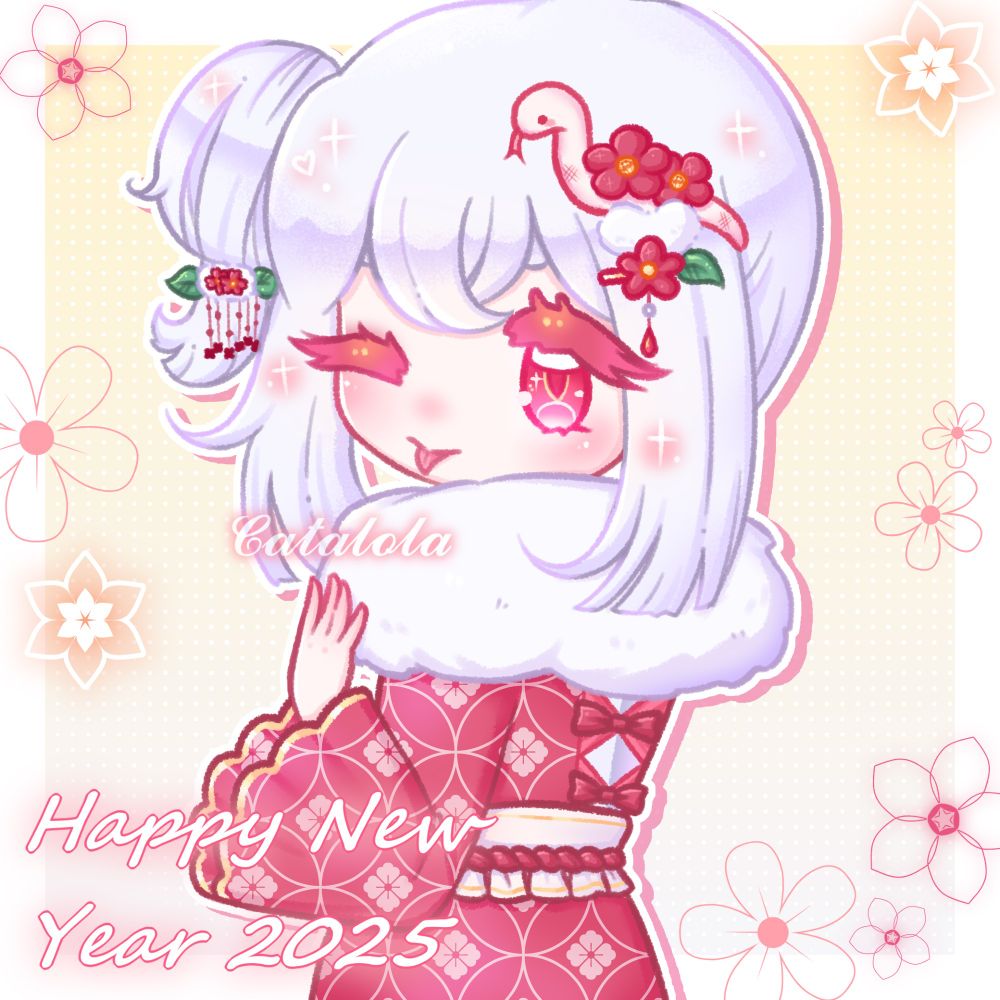 A cute cheeky looking chibi with her tongue sticking out. She has camellia flowers adorning her white hair, and it's up in a cute bun. There's also a little snake on her head. Her outfit is very frilly and fluffy.