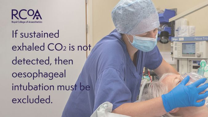 Image of a medical professional positioning an oxygen mask on a patient lying down. Text reads: If sustained exhaled C02 is not detected, then oesophageal intubation must be excluded.