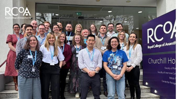 23 members of the Anaesthetists in Training Representation Group on the steps of Churchill House, London.